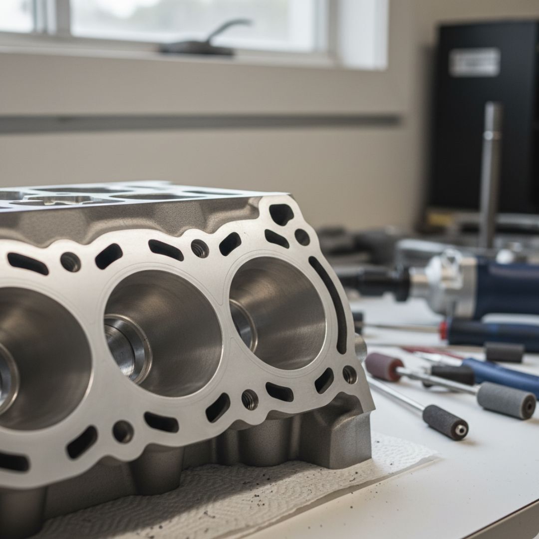 A detailed shot shows the intricate features of an engine cylinder head.