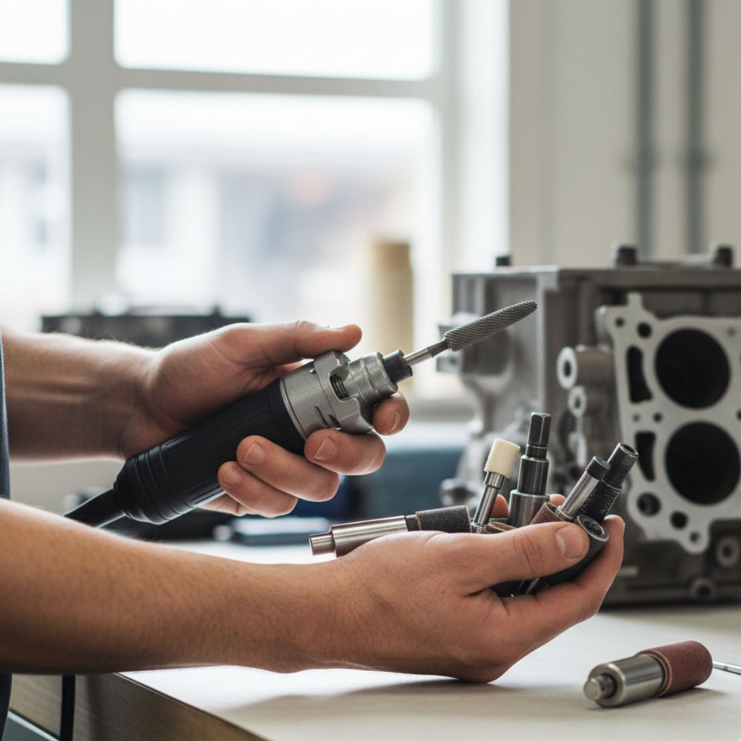 The person's hands are carefully holding a selection of tools for engine work.