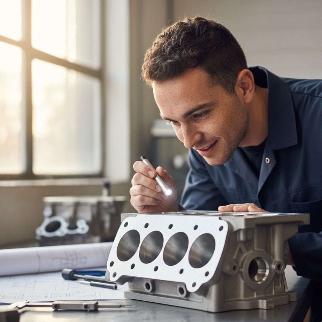 A person meticulously examines a finished engine part with a small light.