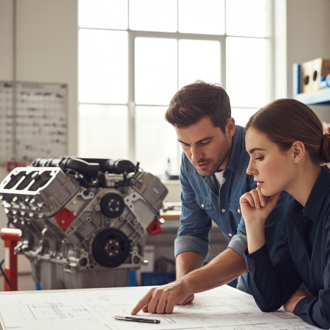 Two individuals are engaged in a focused discussion while reviewing blueprints in a workshop.