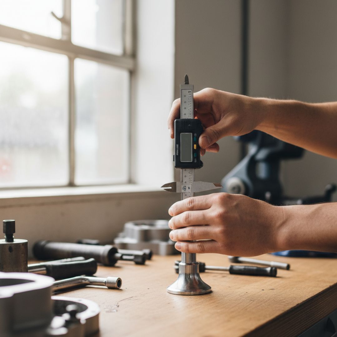 A person using a precision measuring tool on an engine part.