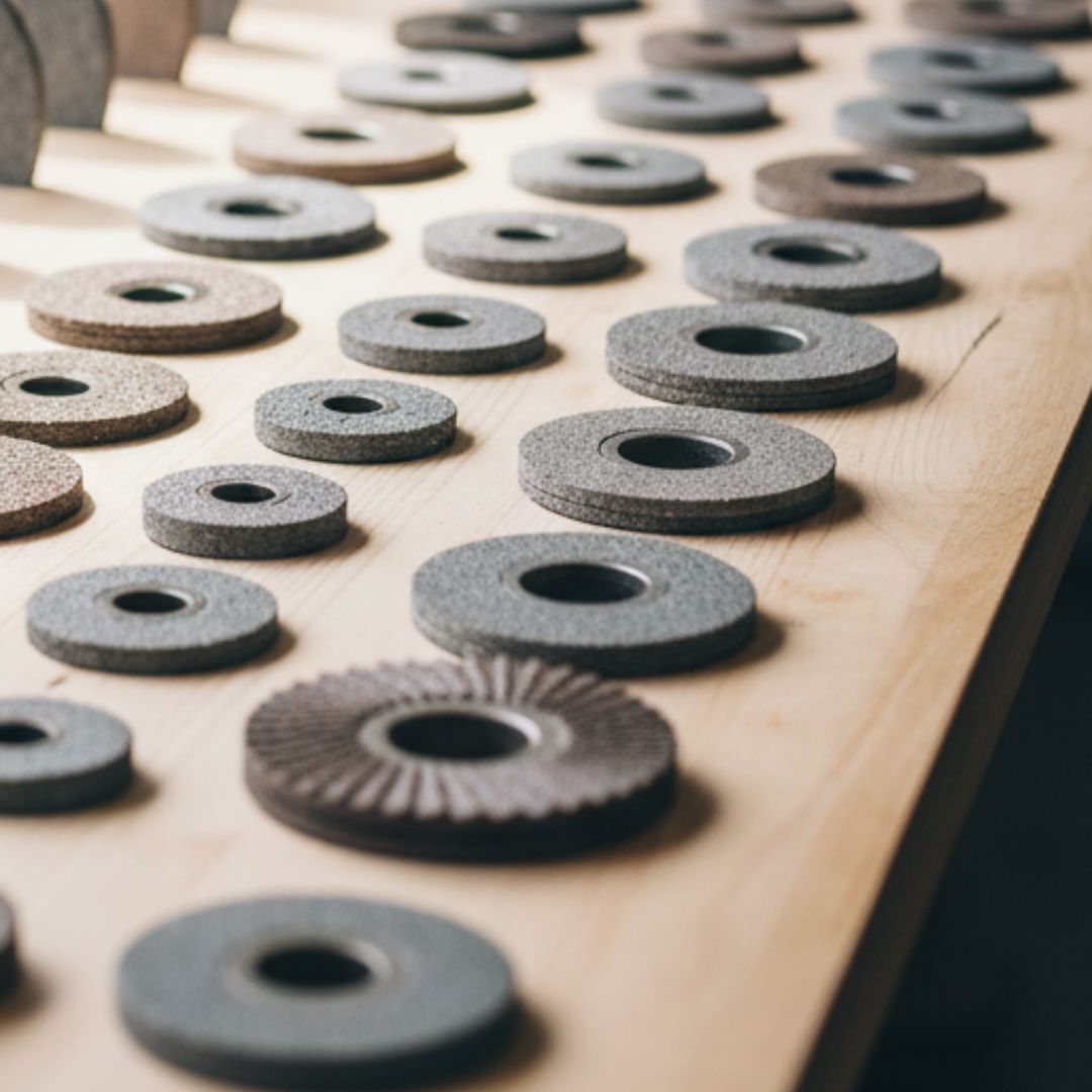Various new automotive grinding wheels organized neatly on a clean workbench.
