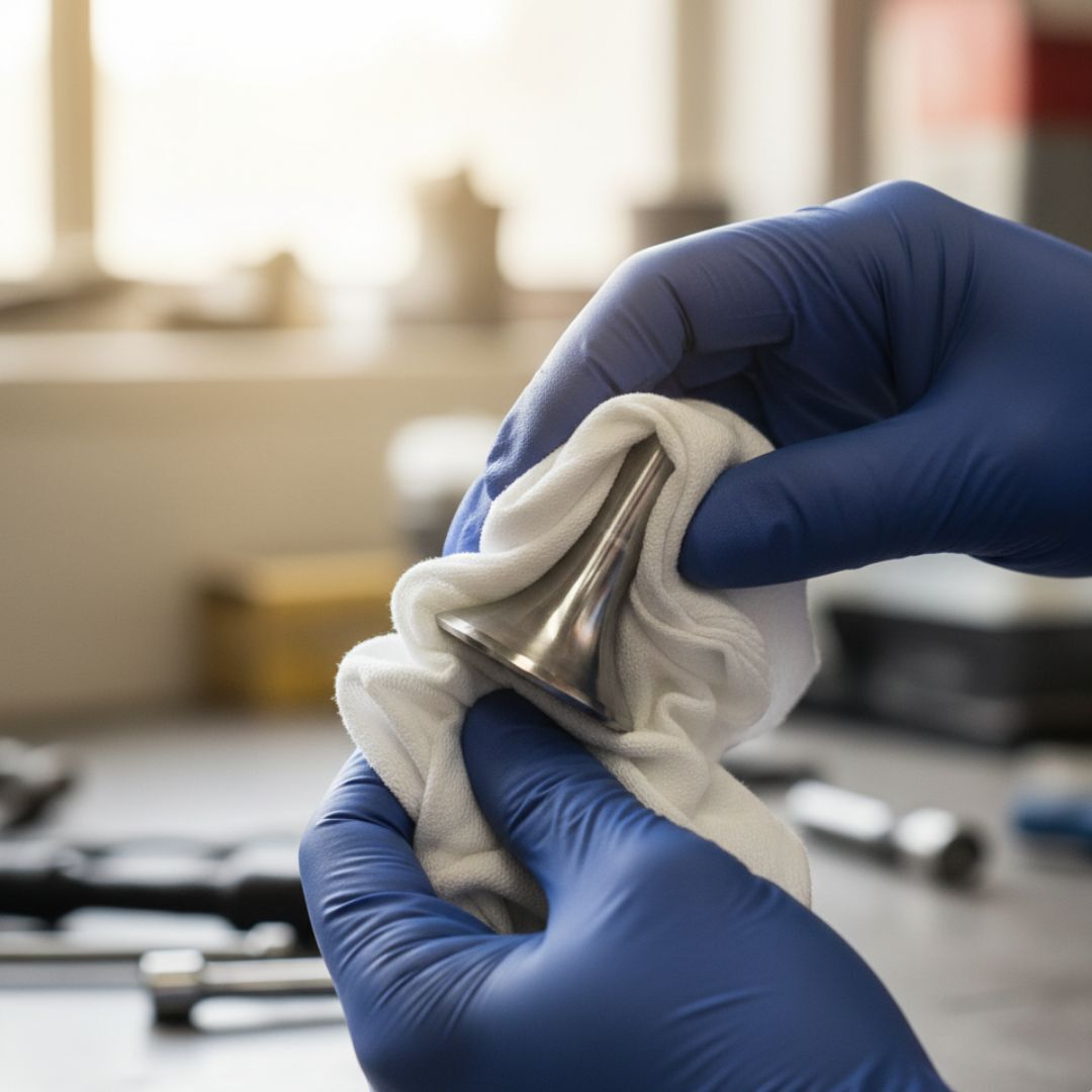 Hands in nitrile gloves carefully cleaning a single engine component.