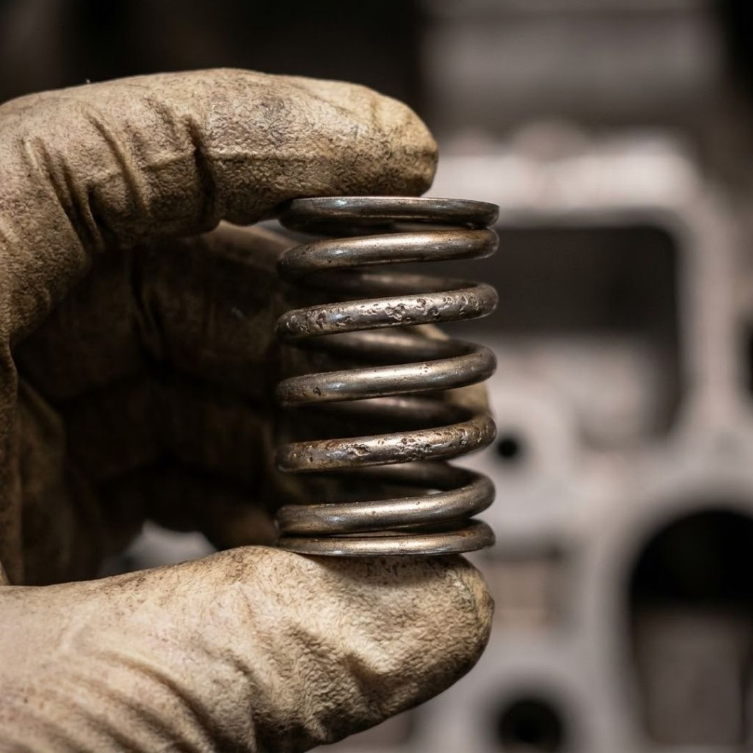 holding up an old, chipped valve spring