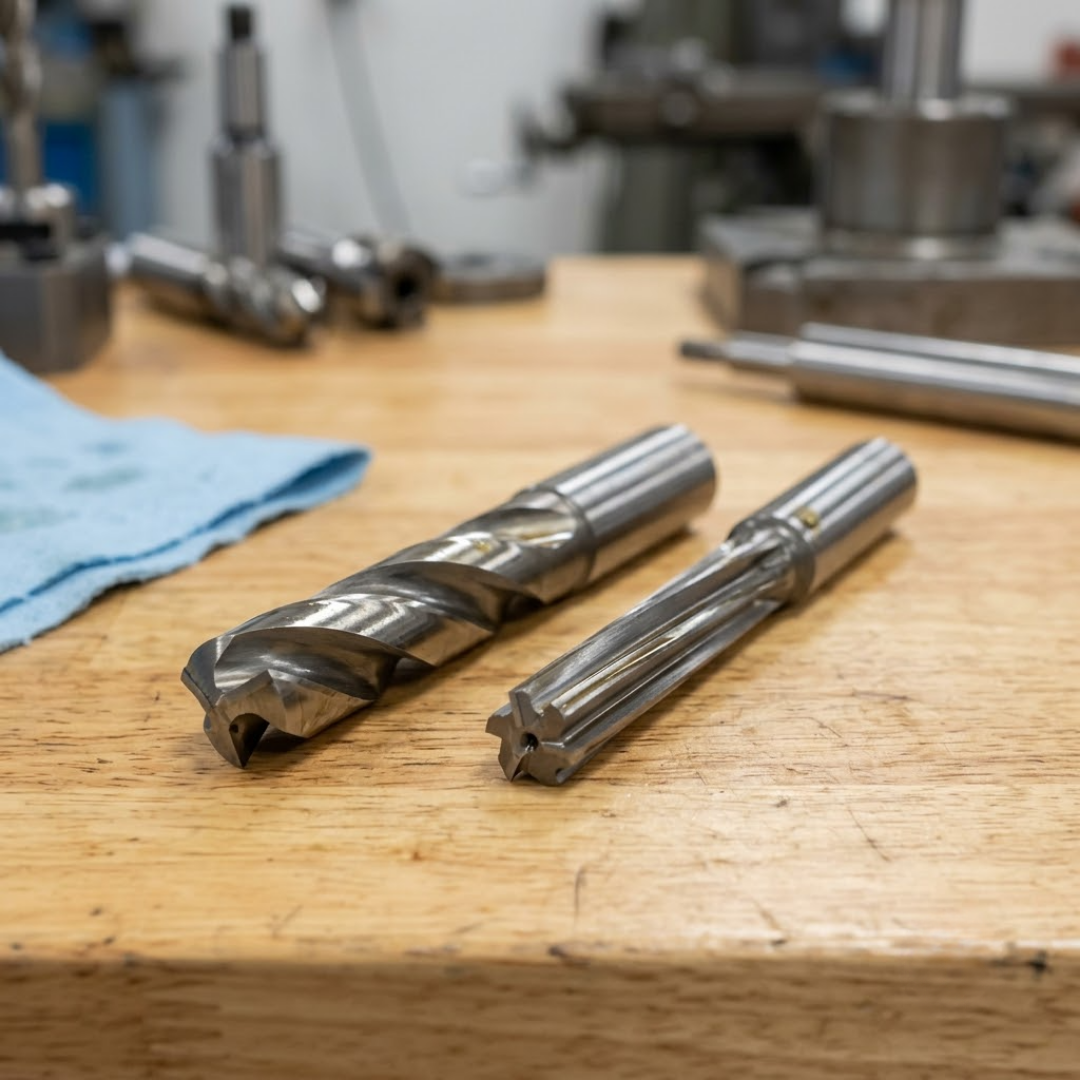 Precision valve guide core drill and reamer tool set.