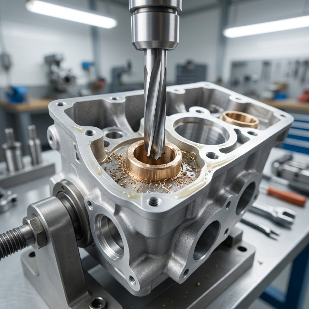 Precision reamer finishing the inner bore of a bronze valve guide.
