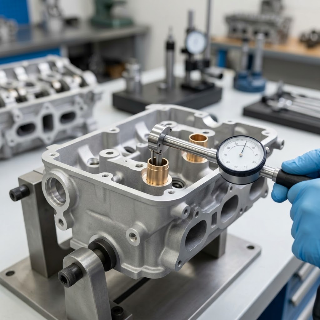 Precision bore gauge measuring guide-to-stem clearance in bronze guide.