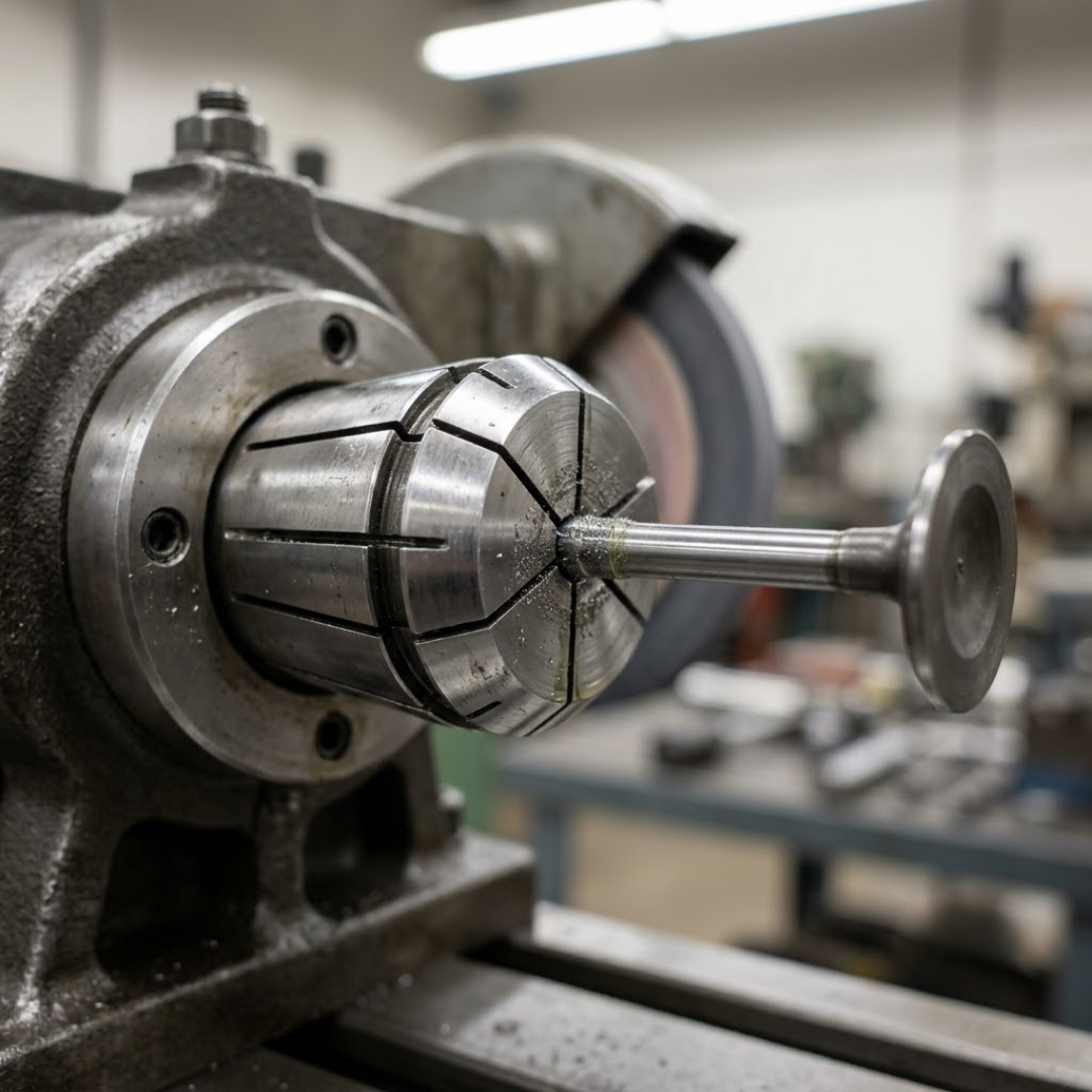 Engine valve stem held securely in a precision collet chuck.