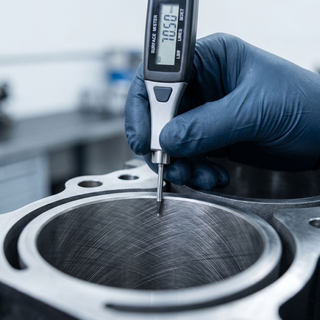 A technician measures surface finish (Ra) on a honed cylinder wall.