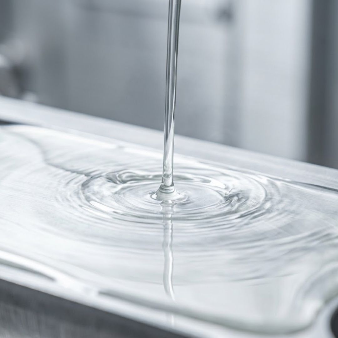 clear synthetic honing fluid flowing over a metal surface.