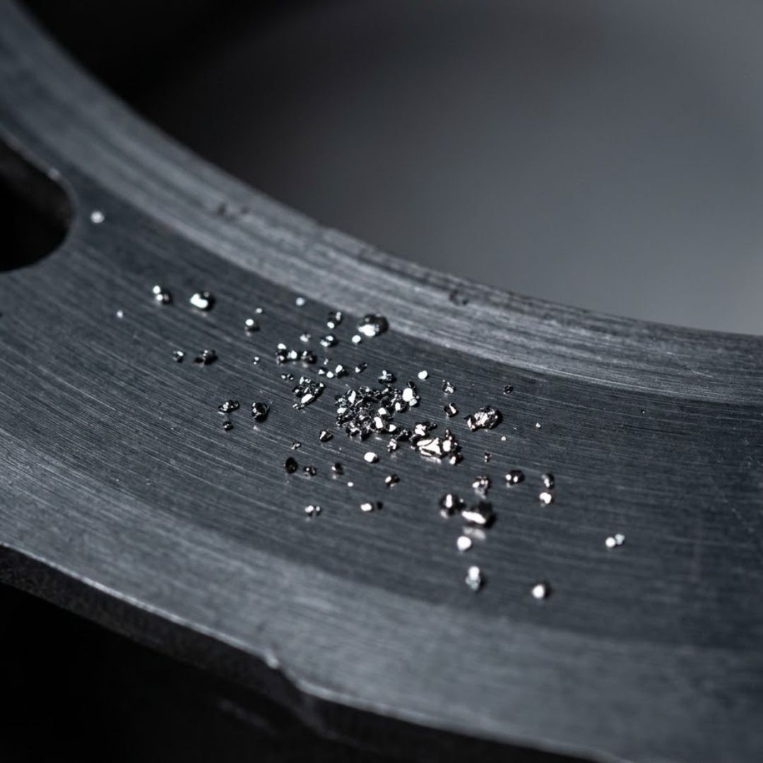 A close-up of a bare cylinder head surface where tiny metallic particles glint under focused light.