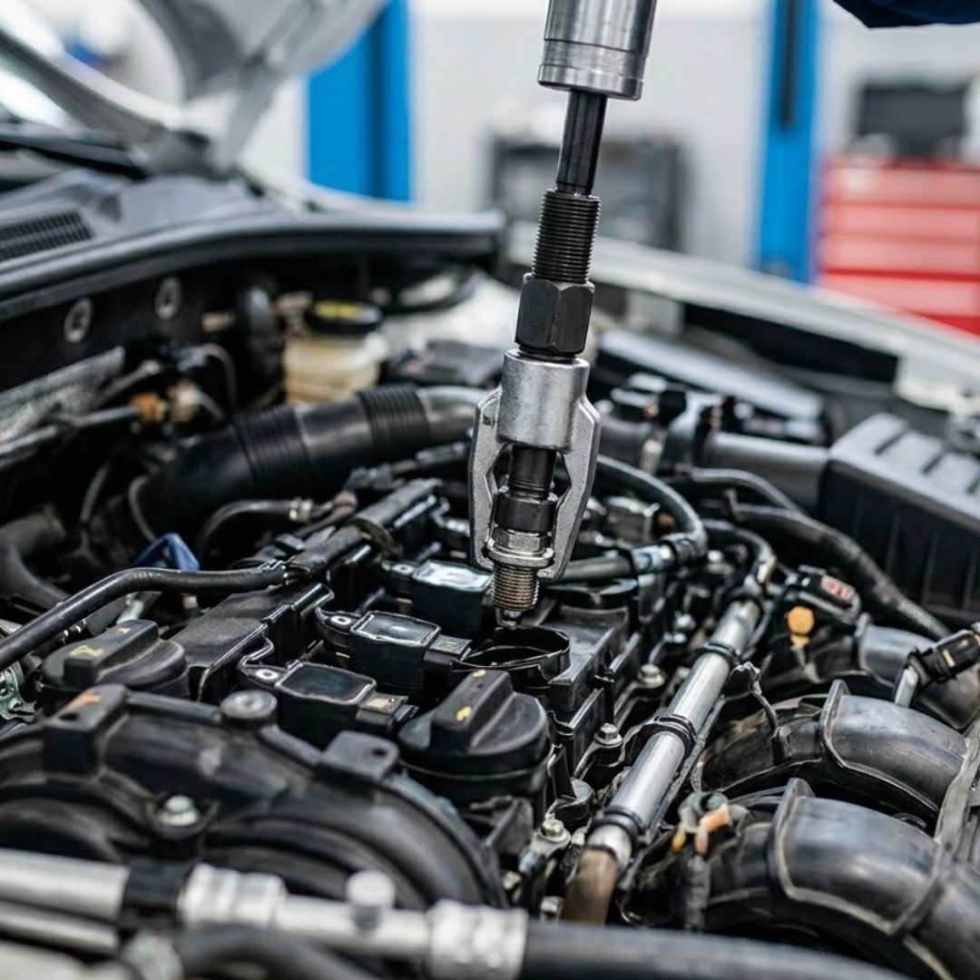 A car engine being worked on.