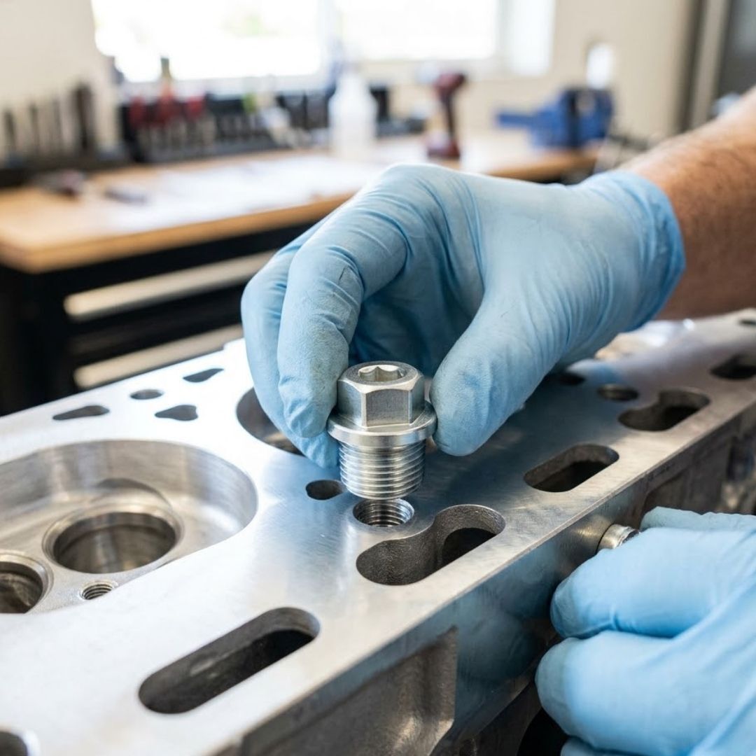A technician installs threaded Allen-head pipe plugs into a clean cylinder head gallery.