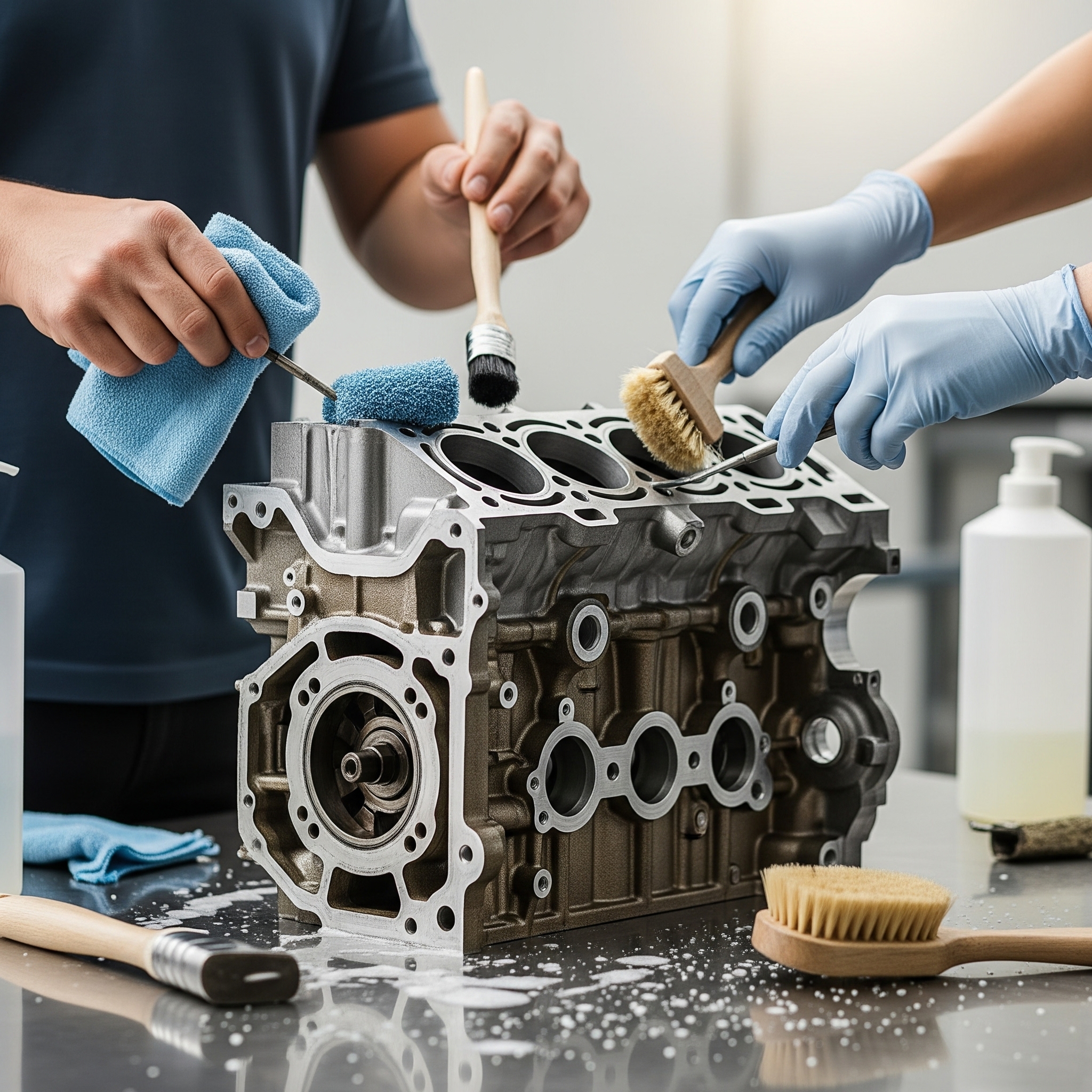 Professional image of an engine block being cleaned thoroughly before resurfacing.