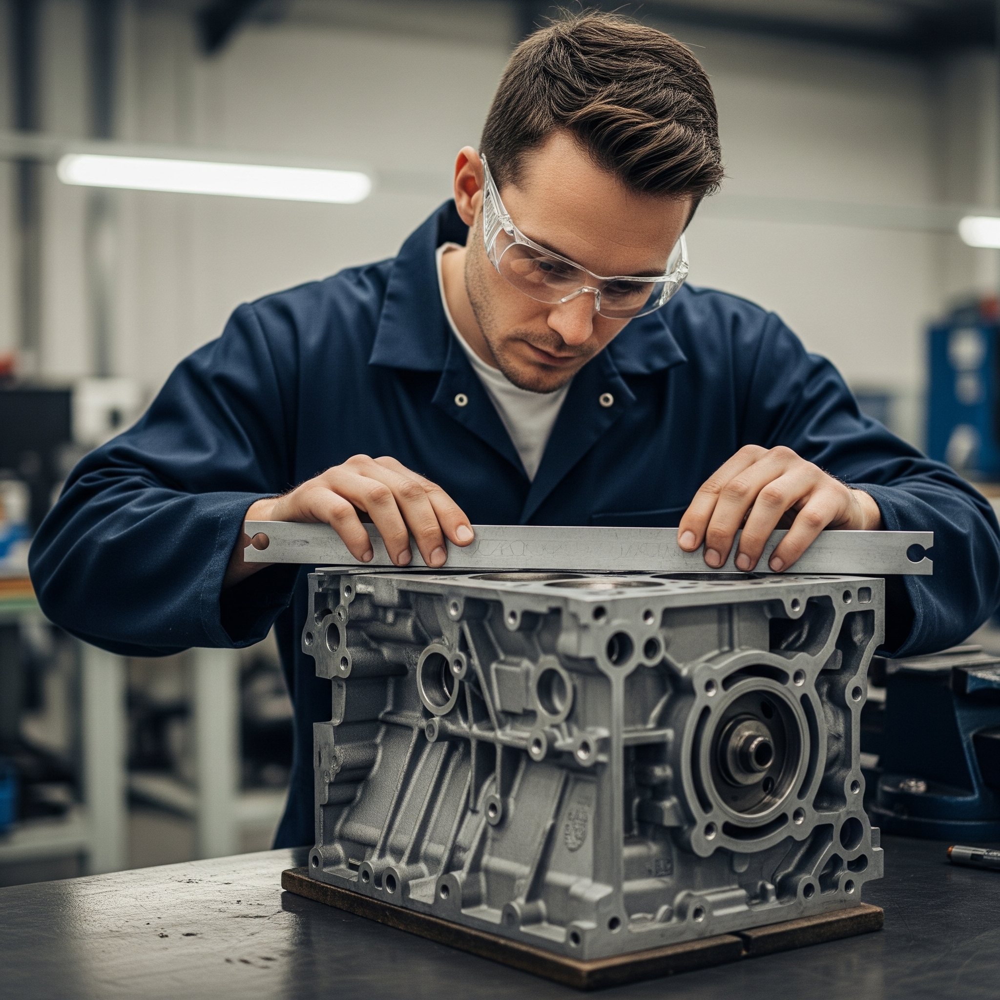 Professional image of a technician using a straight edge to check the flatness of an engine block.