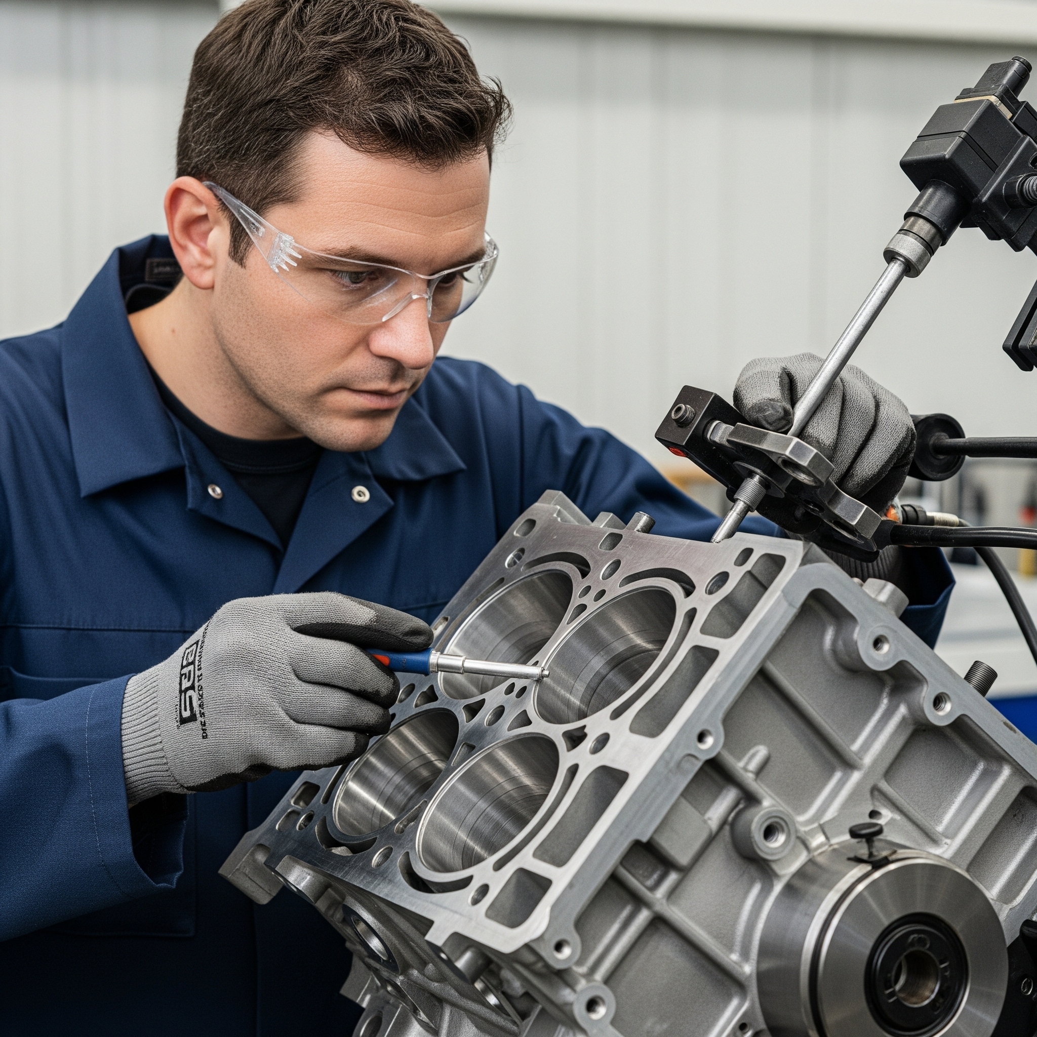 Professional image of a technician performing final checks and quality control on a resurfaced engine block.
