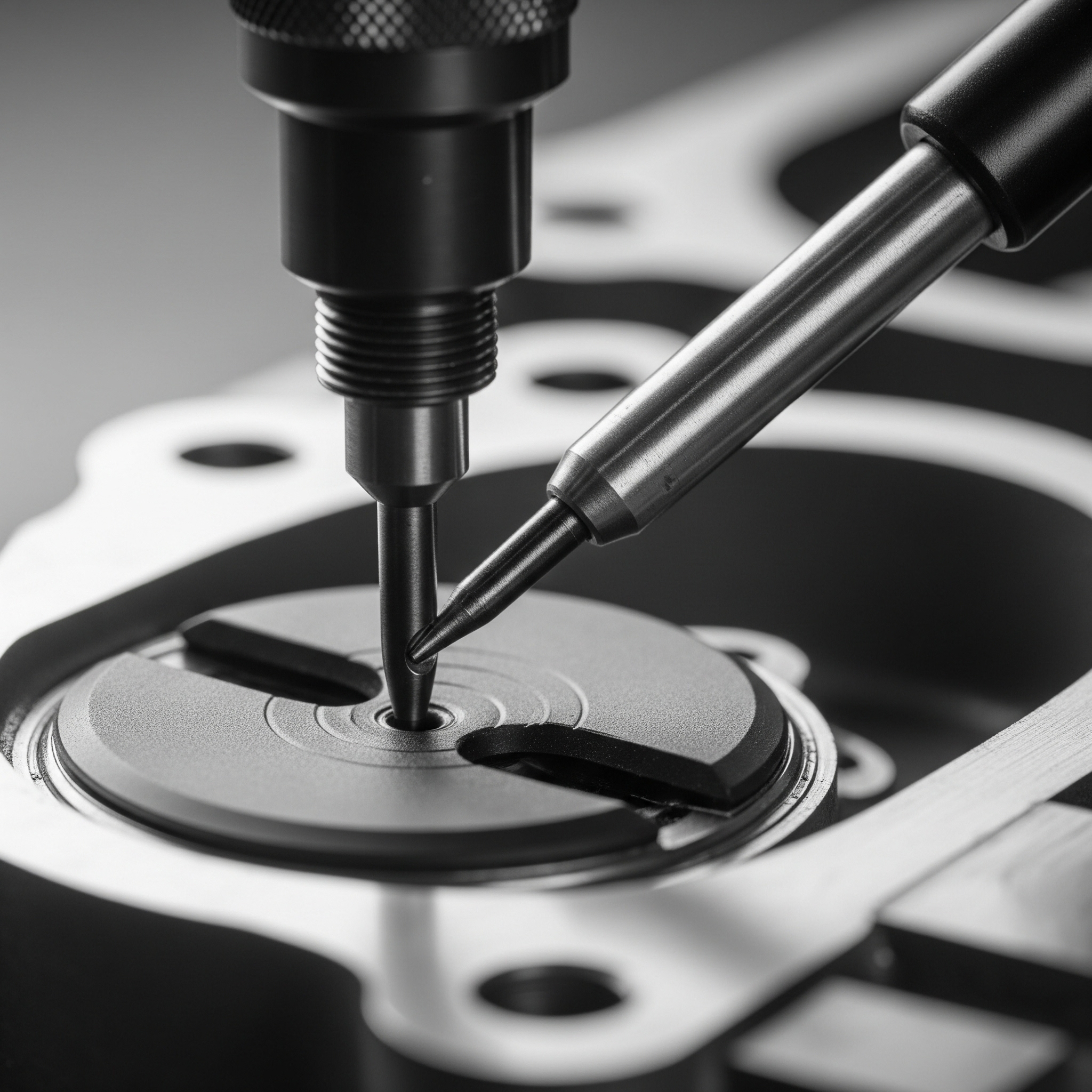 Close-up of a precision tool working on a valve seat. Precision is paramount in valve seat machining.