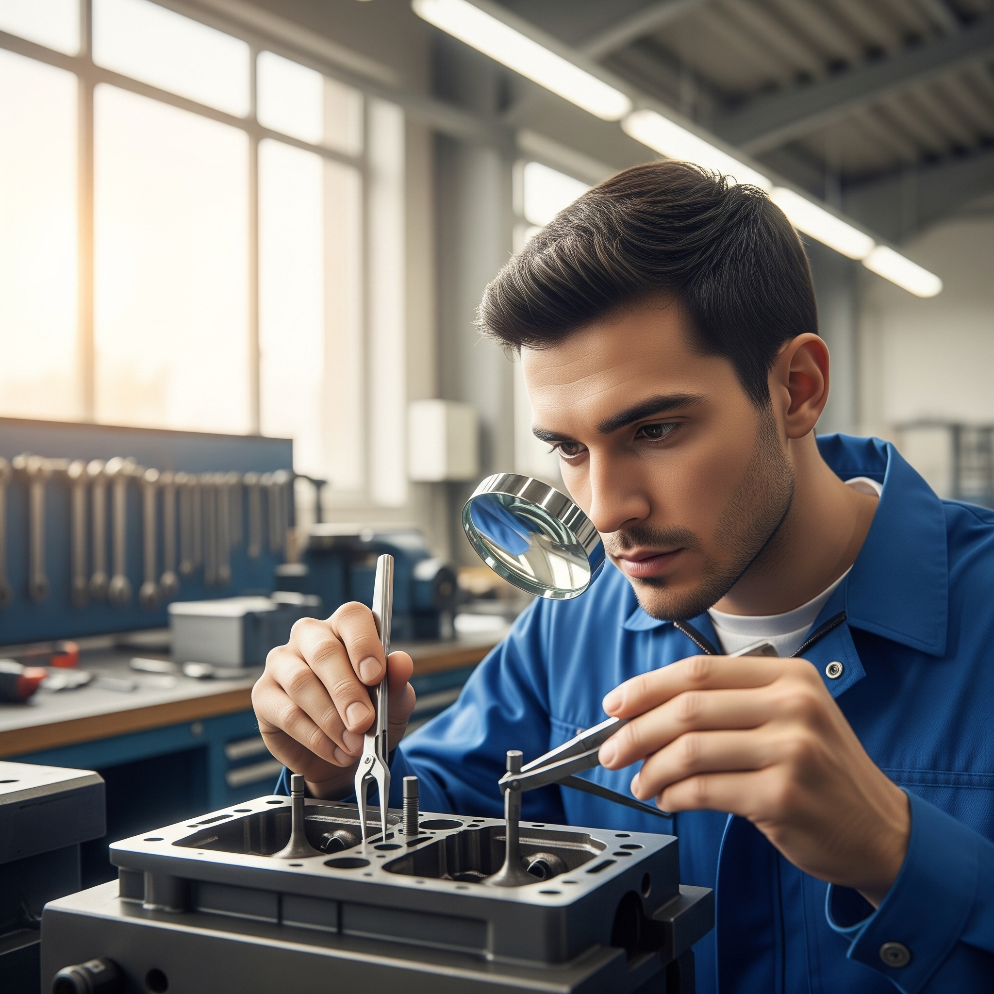 Technician inspecting a valve seat with precision tools.