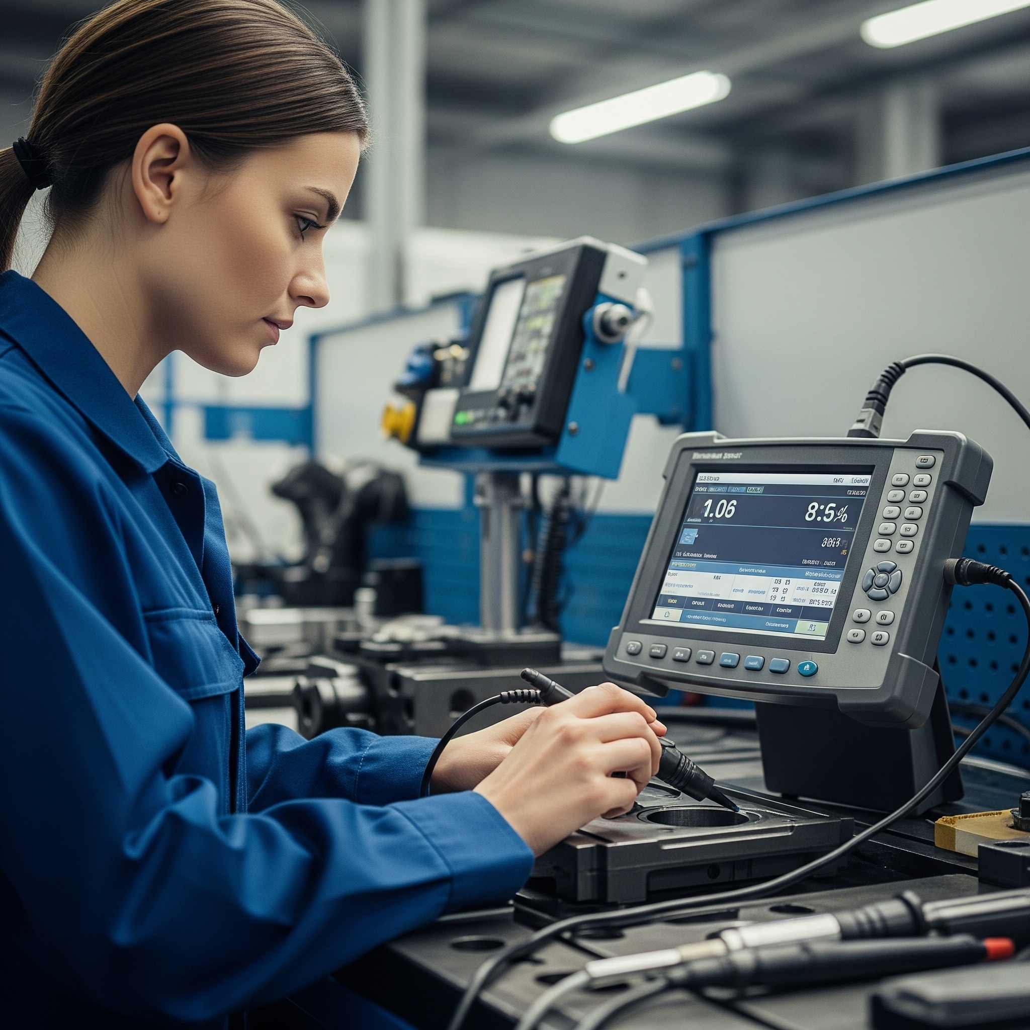 Technician using advanced diagnostic equipment to check valve seat performance.