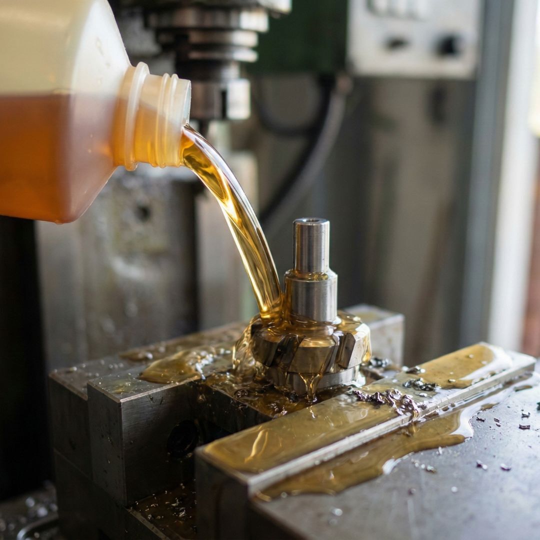 Cutting fluid is poured onto a metal workpiece during a machining process to ensure lubrication.