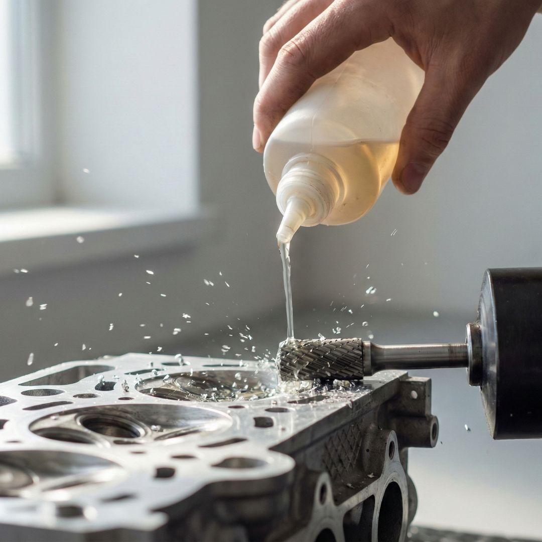 Cutting fluid is applied to a grinding tool working on an aluminum engine component.
