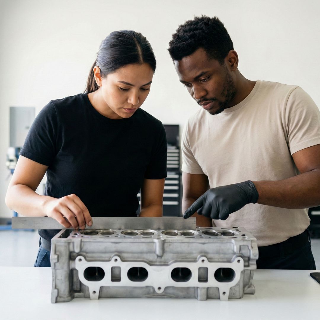 Two mechanics carefully inspect the flat mating surface of a cylinder head using a straight edge tool.